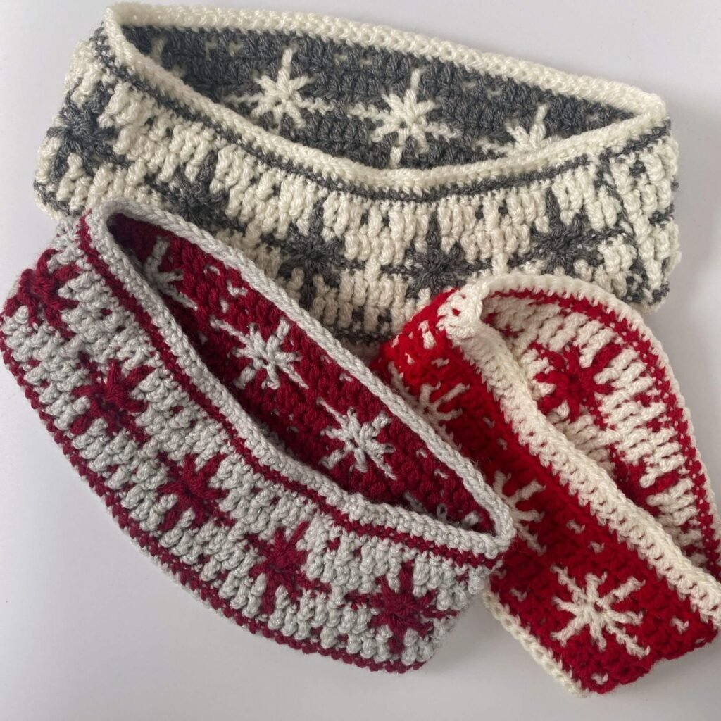 3 crocheted reversible snowflake headbands