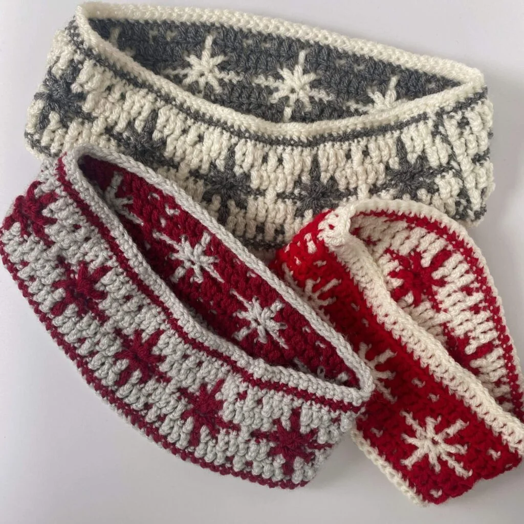 3 crocheted reversible snowflake headbands
