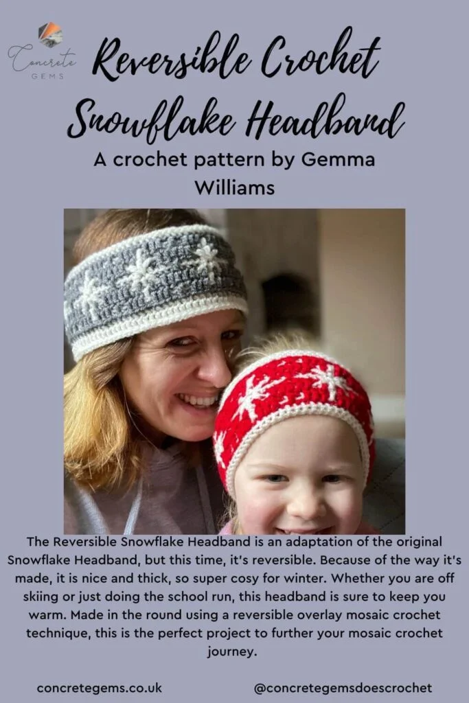 Pin image of the reversible crochet snowflake headband
