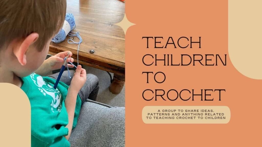 Teach children to crochet Facebook Group banner with image of child crocheting