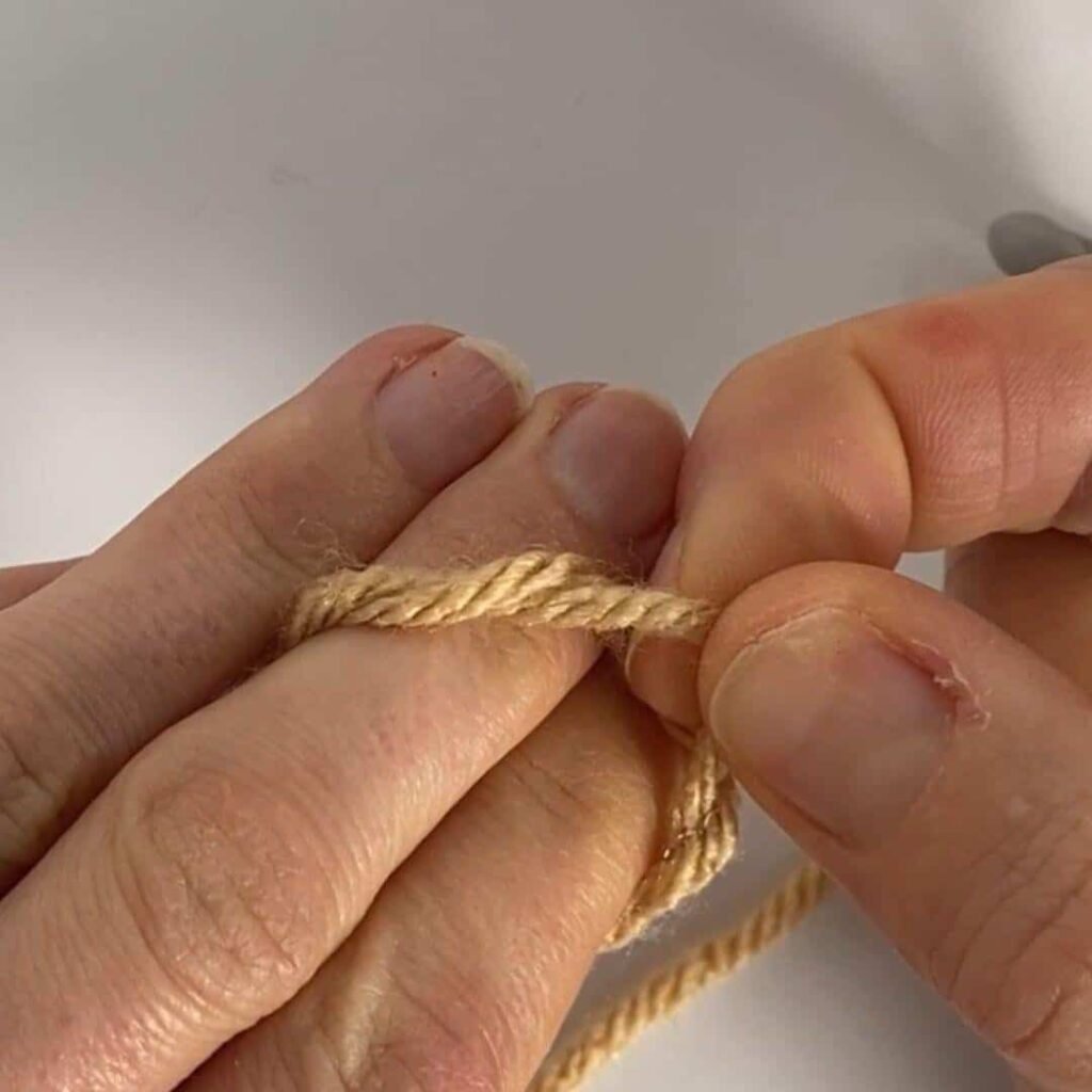 image showing yarn wrapped twice around 2 fingers, and one loop being pulled over the other, twisting it