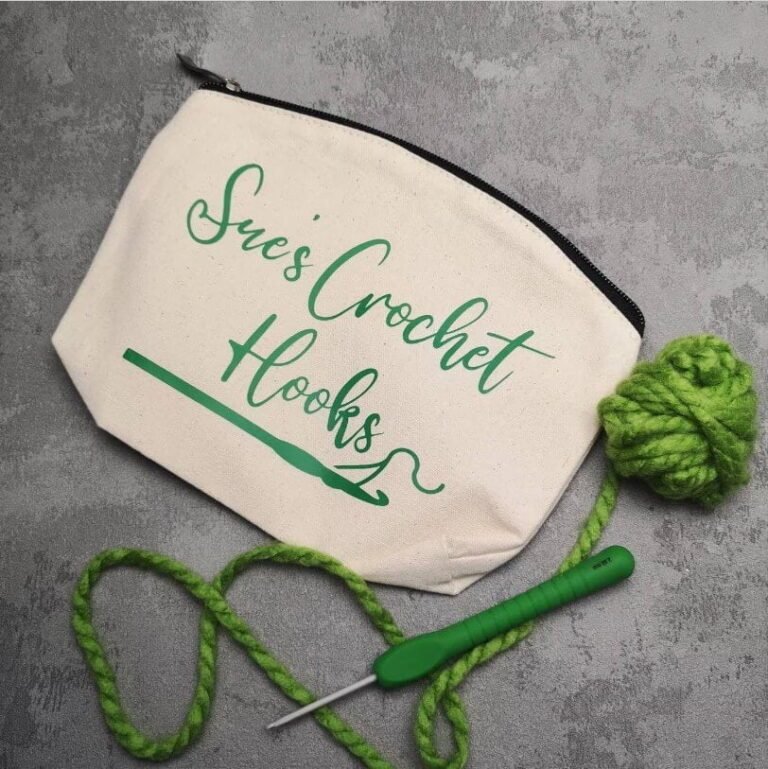 a crochet hook case personalised with the words Sue's crochet hooks