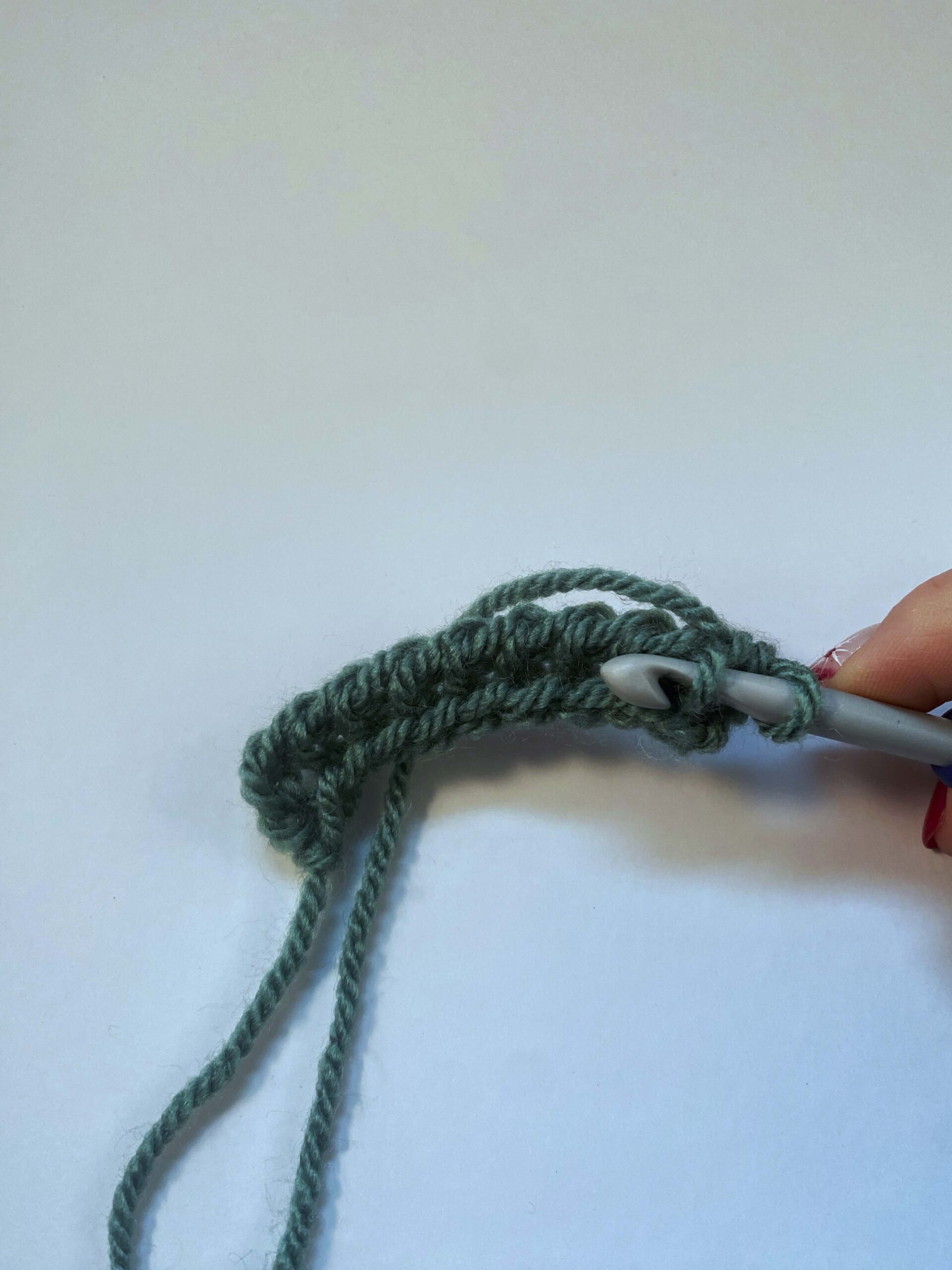 A crochet hook being inserted into the vertical bar of a stitch in Tunisian Simple Stitch