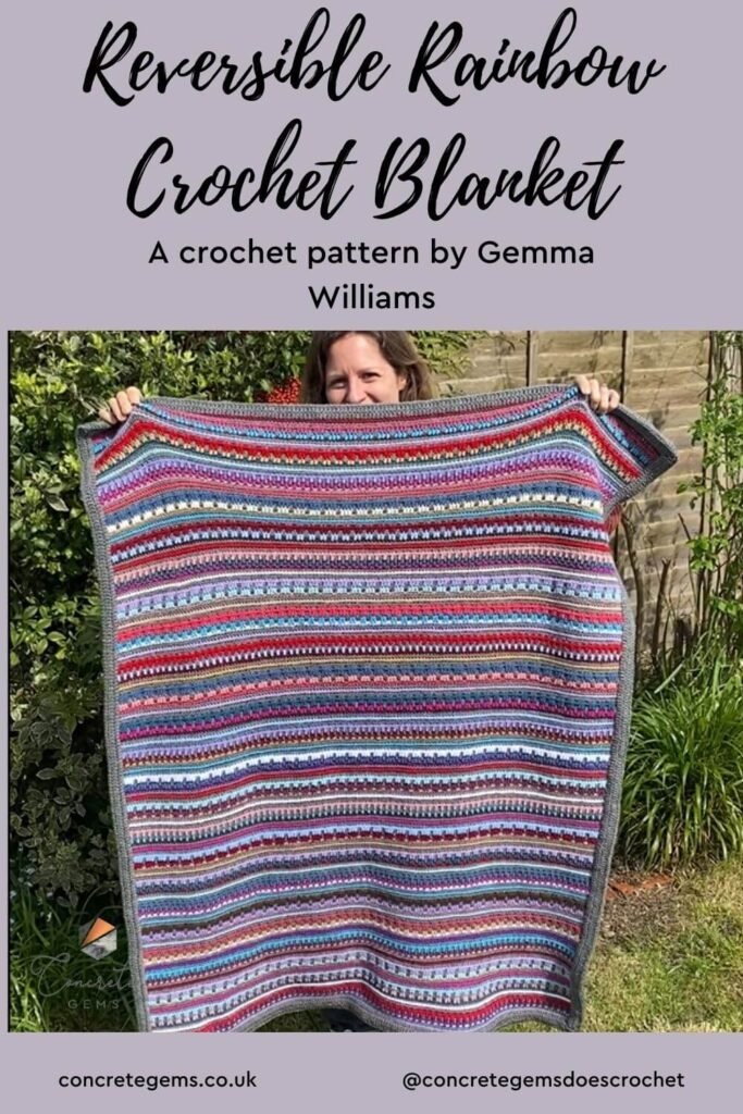 Pin image of reversible rainbow crochet blanket