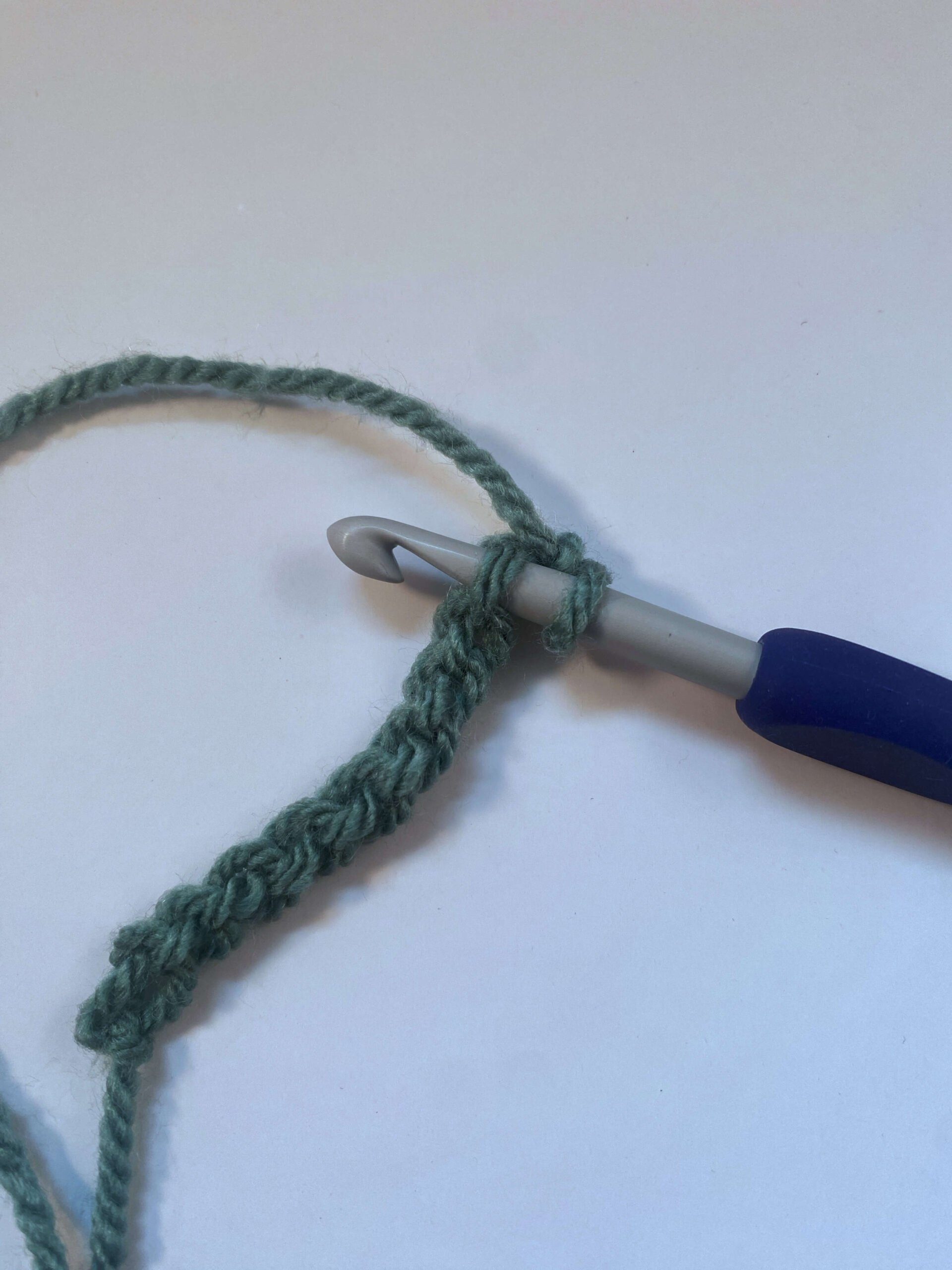 Image showing a crochet hook inserted into the back bump of a crocheted chain
