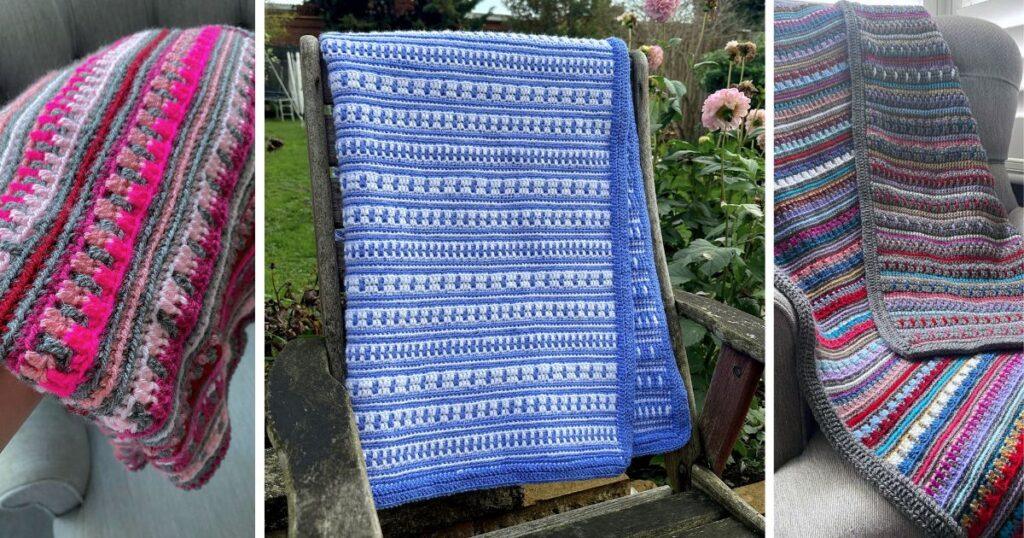3 images of a striped mosaic crochet blanket