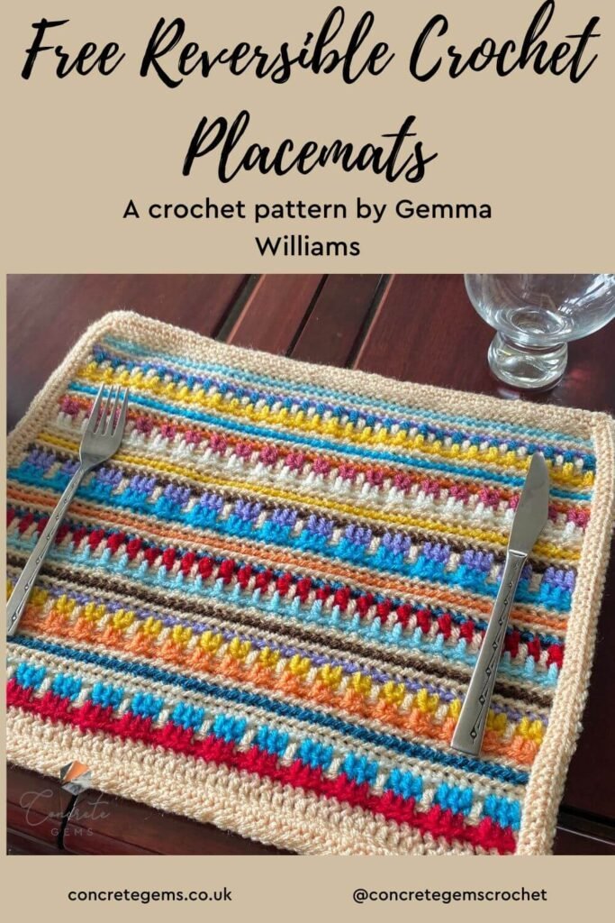 A pin image of a free reversible placemats crochet pattern