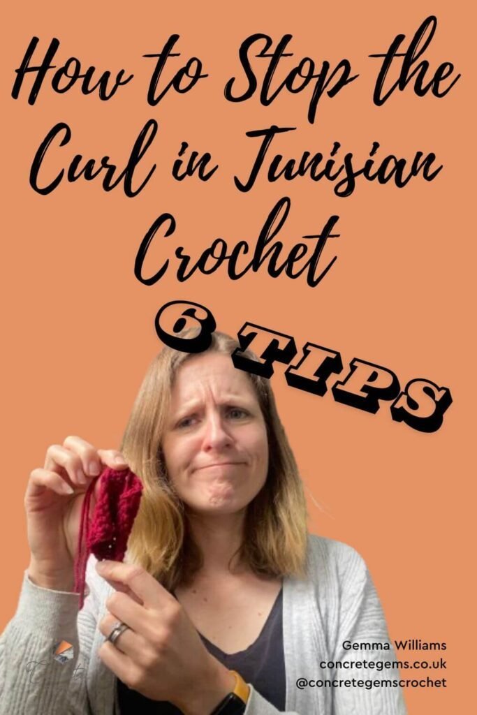 image of a lady holding a curling piece of Tunisian Crochet and pulling an annoyed face