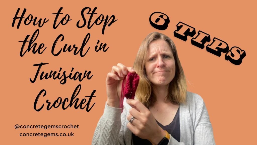 YouTube cover showing a lady holding a curled up piece of Tunisian Crochet