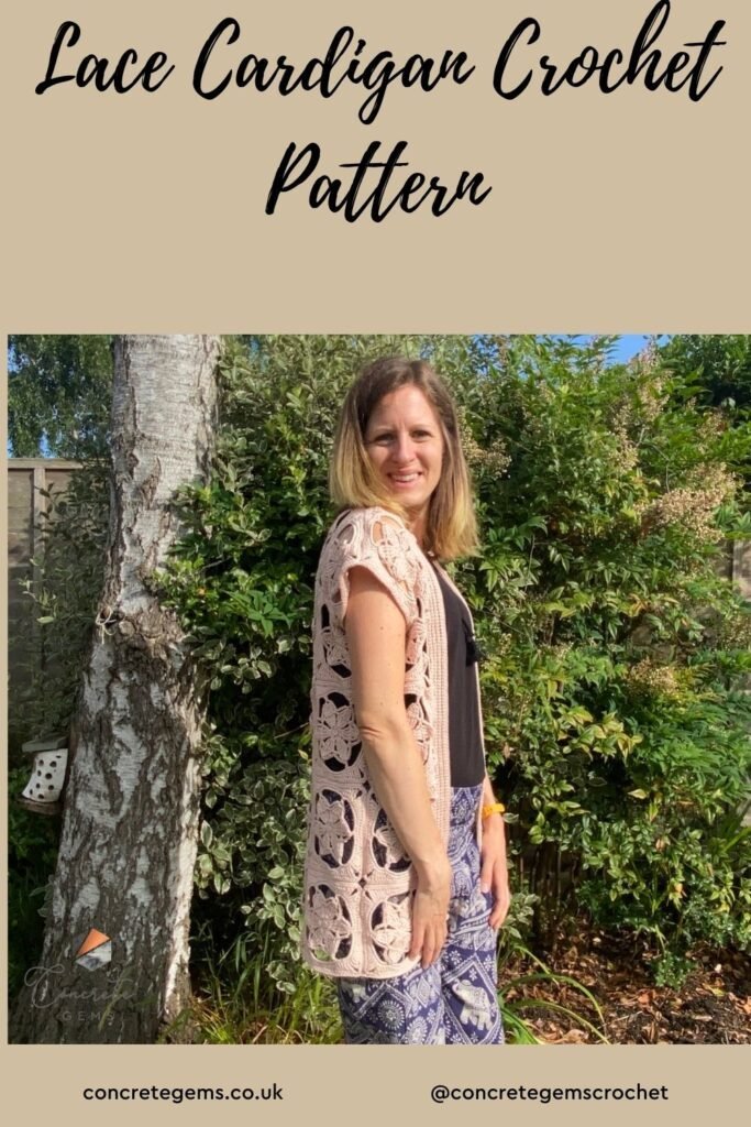 Pin image showing a lady wearing the lace crochet cardigan