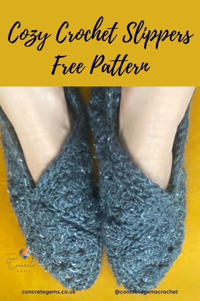 Pin image of cozy crochet slippers free pattern with image of grey slippers on yellow background