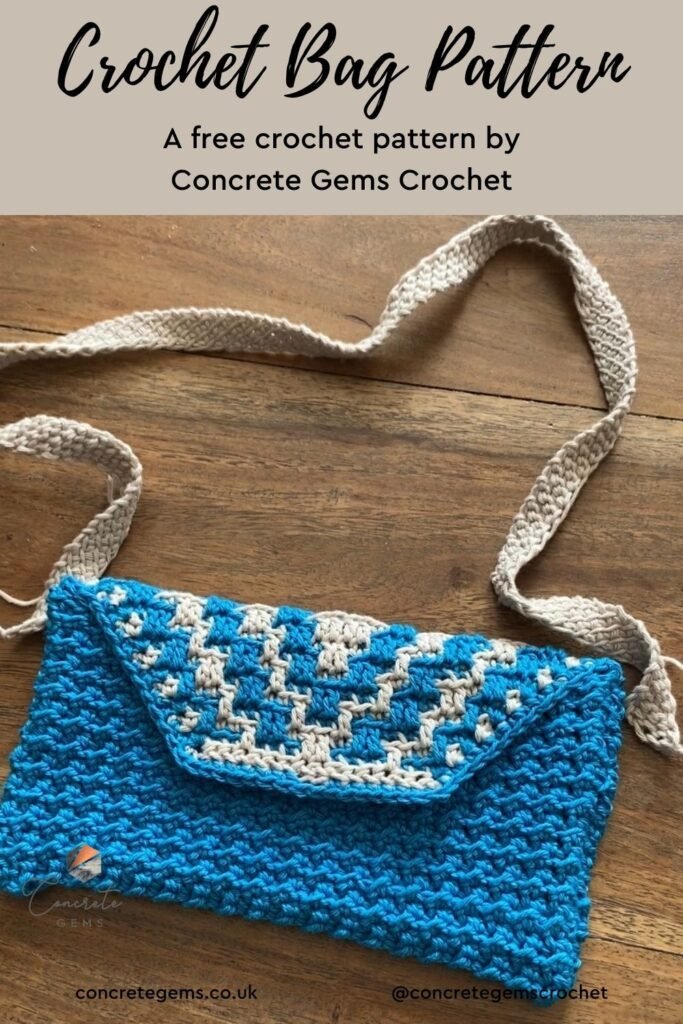 Pin image of a blue and beige crochet handbag with a beige strap and geometric pattern on the front flap