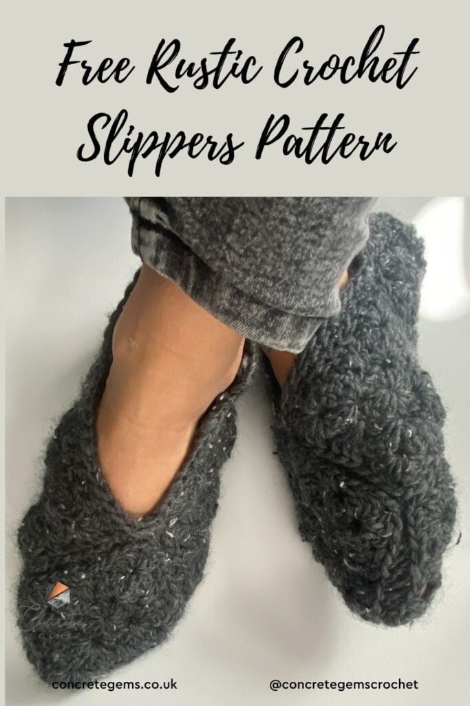 Free Rustic Crochet Slippers Pattern pin image with grey crochet slippers worn on crossed feet