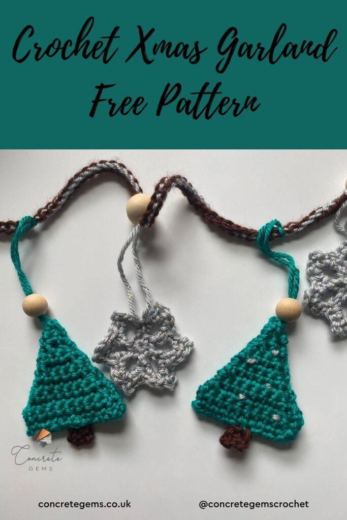 Crochet green trees and silver snowflakes on a garland with the words Crochet Xmas Garland Free pattern above