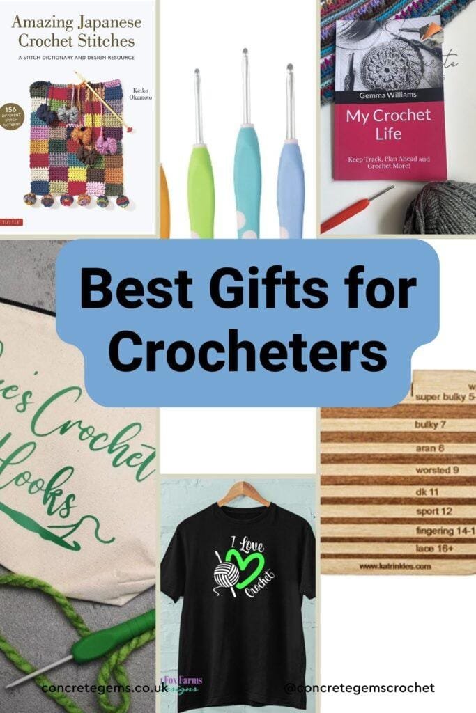 selection of images showing the best gifts for crocheters including t shirt, hook case, journal and hooks