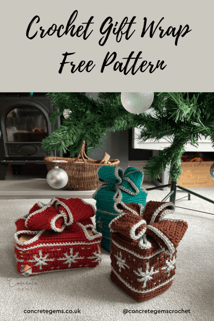 Crochet gift wrap in 3 designs sat under a Christmas tree in a pin image