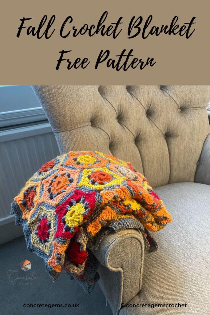 A pin image showing a fall crochet blanket pattern, which is shown hanging on the arm of a chair