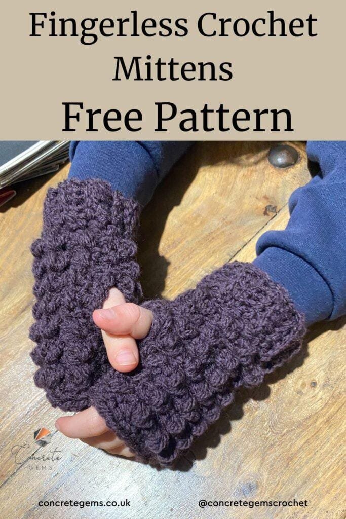 A pin image of small hands in purple fingerless crochet mittens