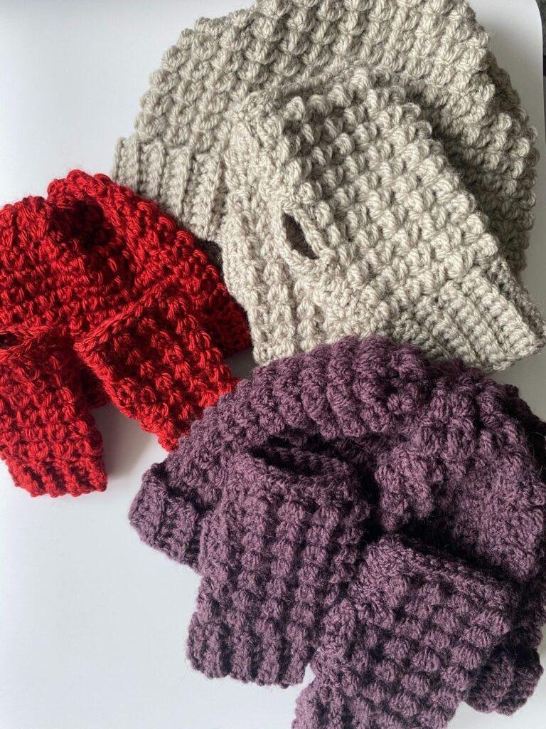 3 sets of crochet hat and gloves in grey, red and purple