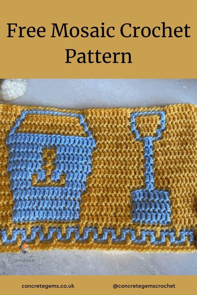 pin of a free mosaic crochet pattern featuring a bucket and spade in blue and yellow
