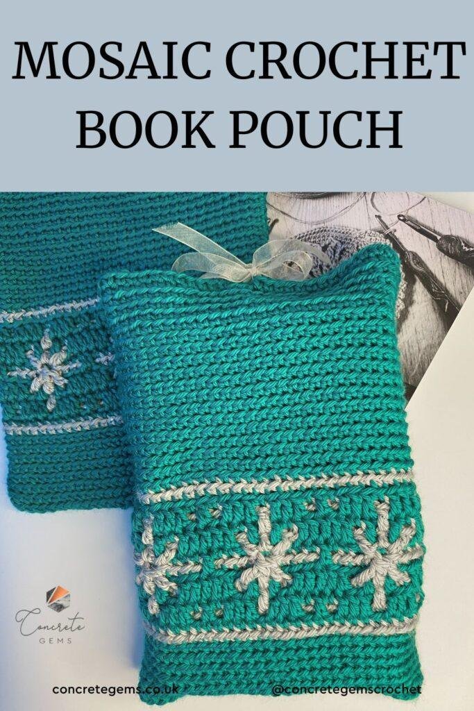 Mosaic crochet book covers in green with a silver snowflake pattern and a book. 