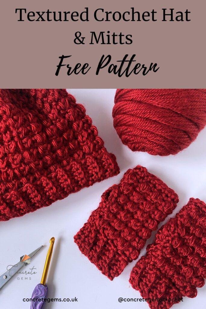 Pin image of textured crochet hat and mitts free pattern in red yarn 