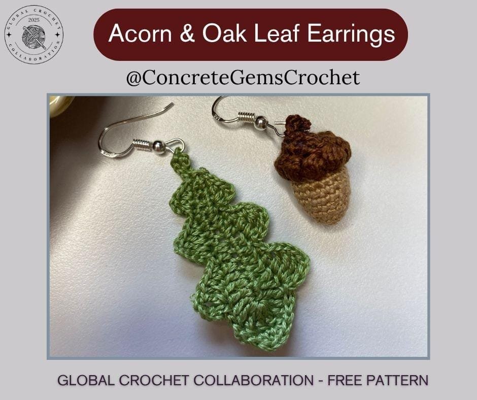 tiny crochet acorn and oak leaf earrings