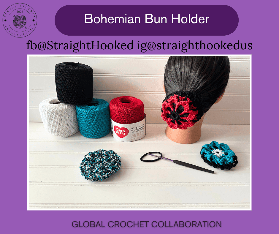 A crochet bun holder is displayed on a plastic head with yarn around