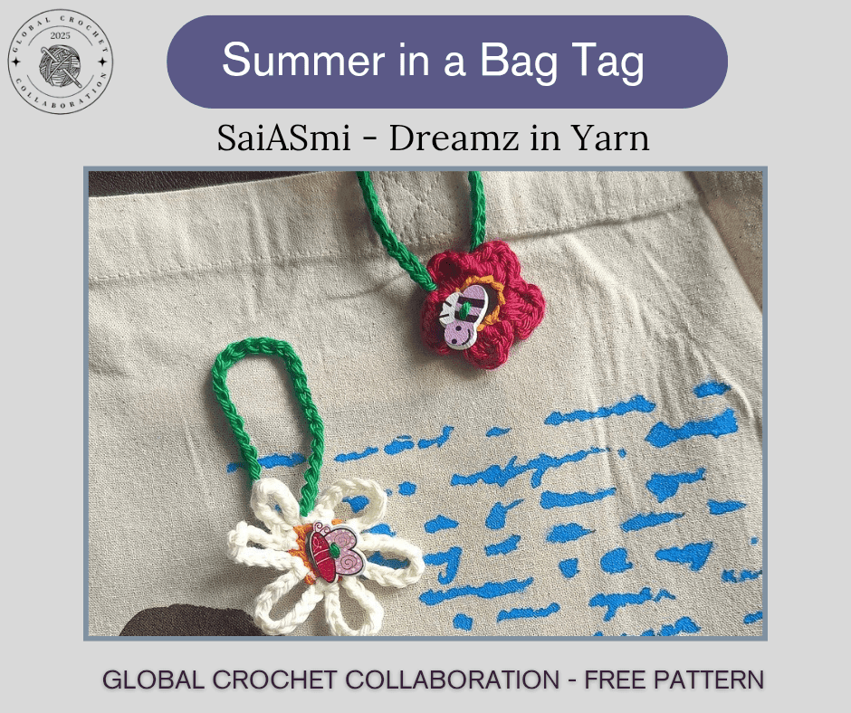 2 flower crochet bag tags are hanging on a tote bag