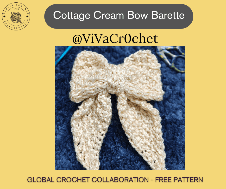 A pale yellow crochet bow sits on a dark background