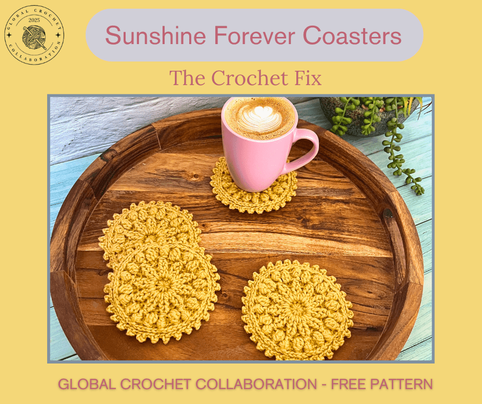 boho style yellow crochet coasters sit on a wooden tray with a mug of coffee