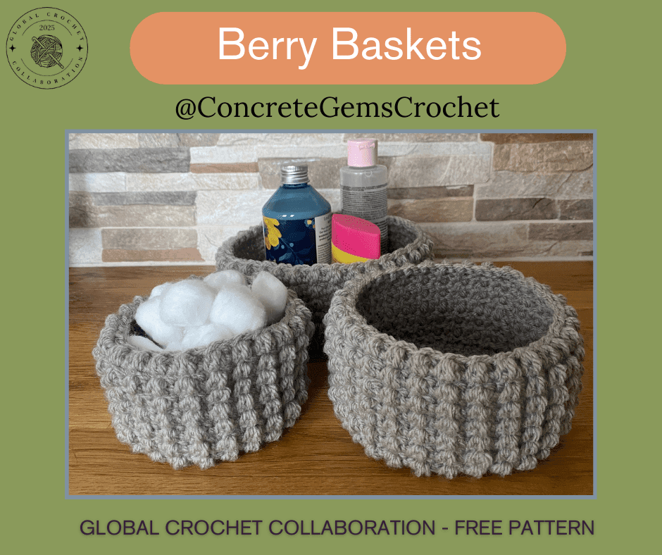 3 grey crochet baskets filled with bathroom supplies sit in a bathroom