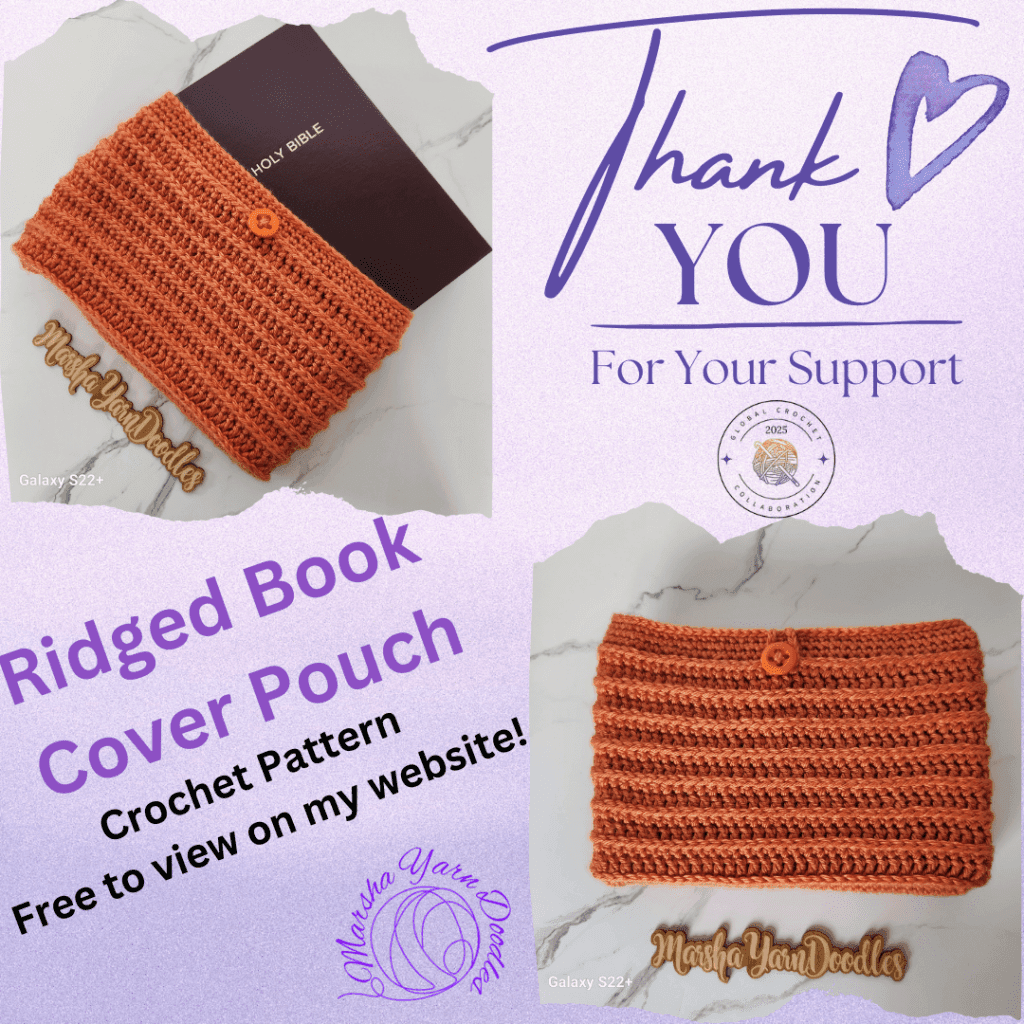 ridged book cover pouch image on purple background with thank you at the top
