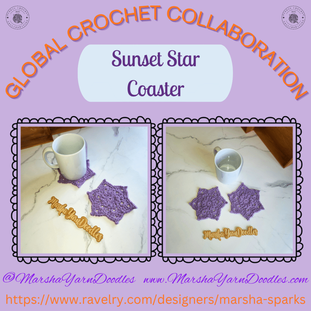 A purple graphic of some purple crochet coasters and the word sunset star coaster