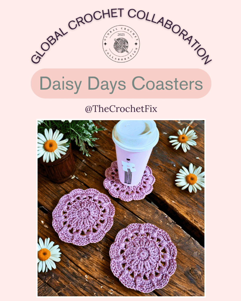 3 crochet pink coasters with a mug on one and daisies around