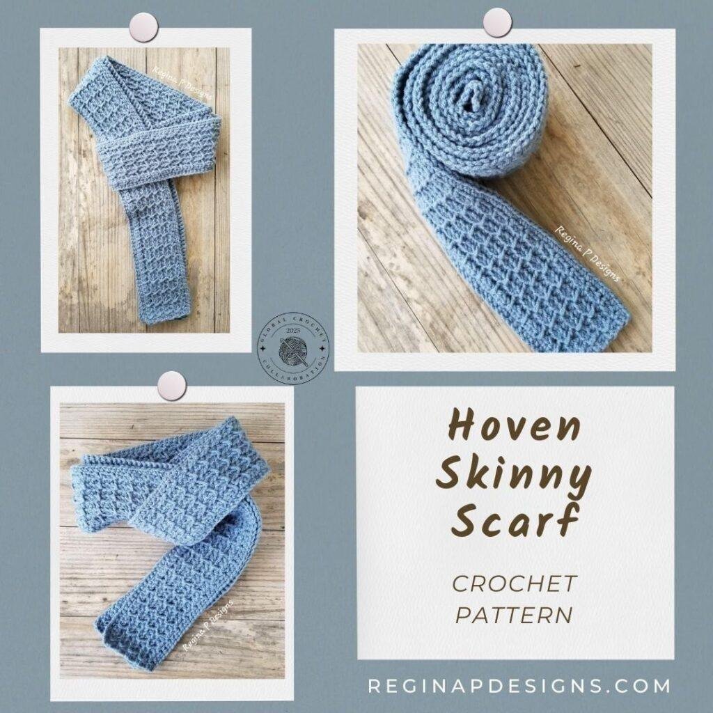 3 images of blue crochet scarf and the word Hoven skinny scarf