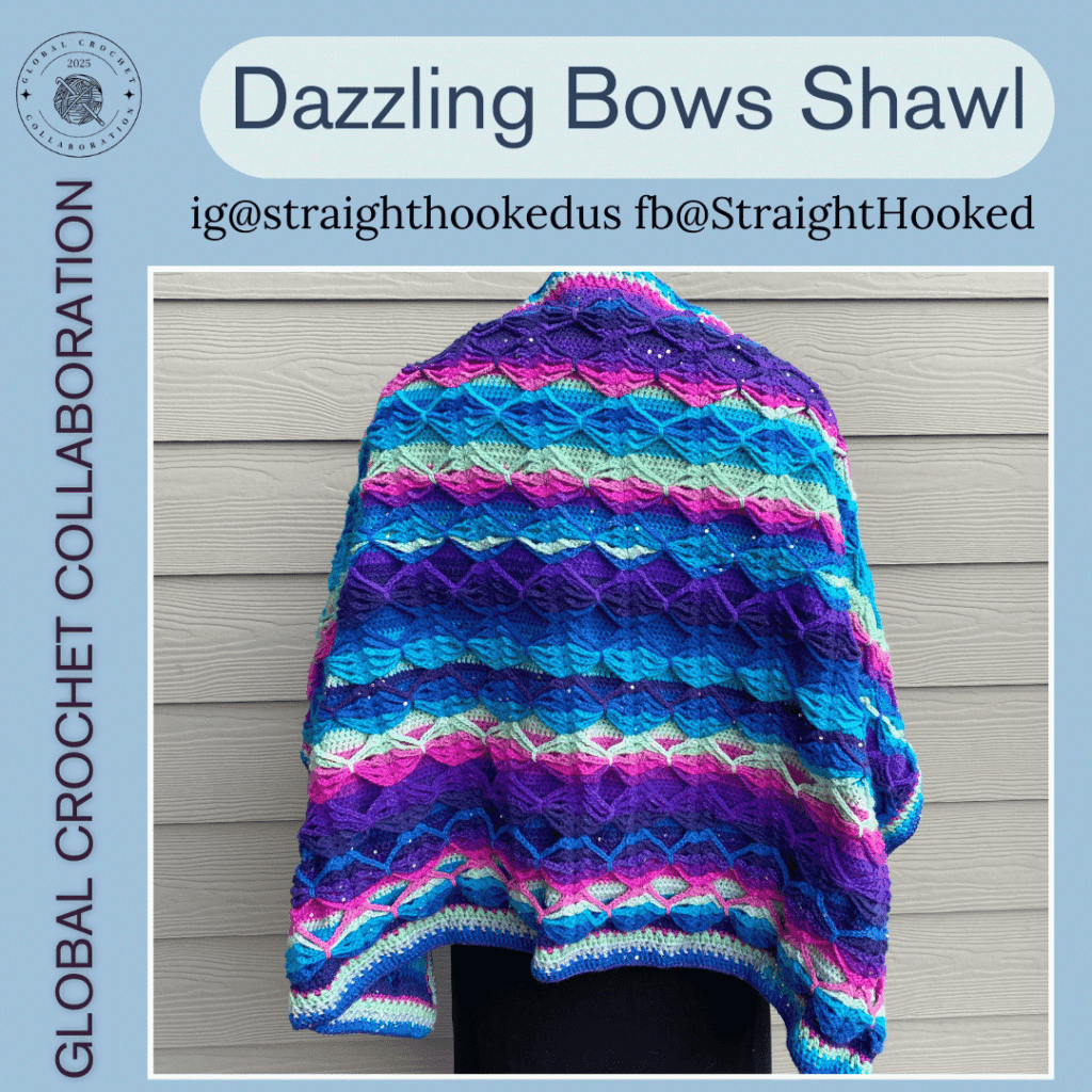 Dazzling bows shawl in blues and pinks shown from the back. This is a crochet pattern 