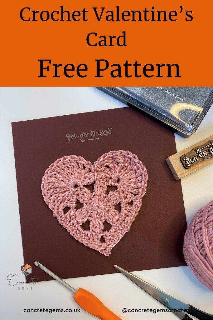 A pin image of a crochet heart on a red card with the words 'crochet valentines card free pattern'