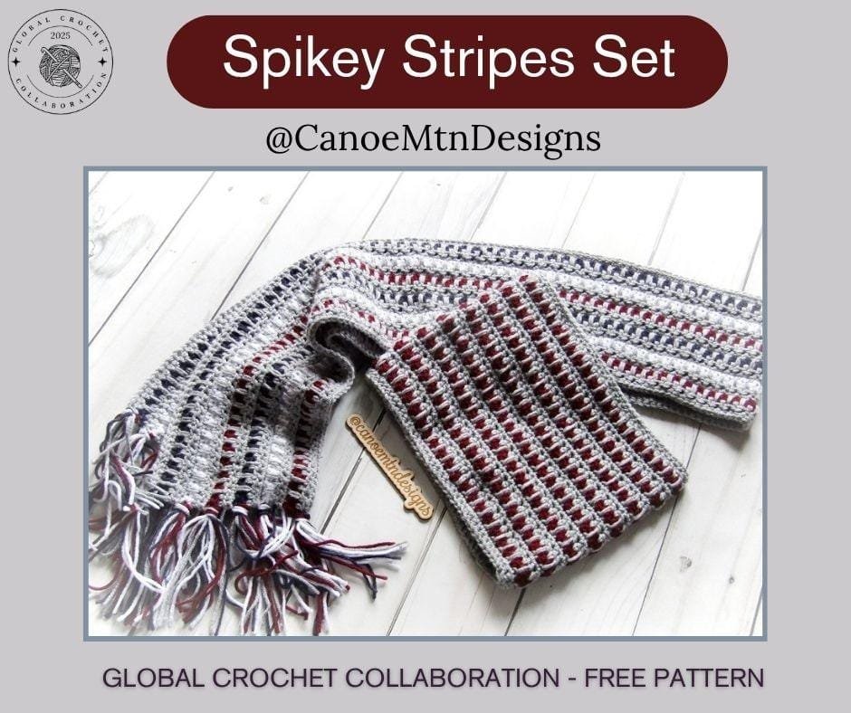 A crochet cowl and scarf set with the word spike stripes set above