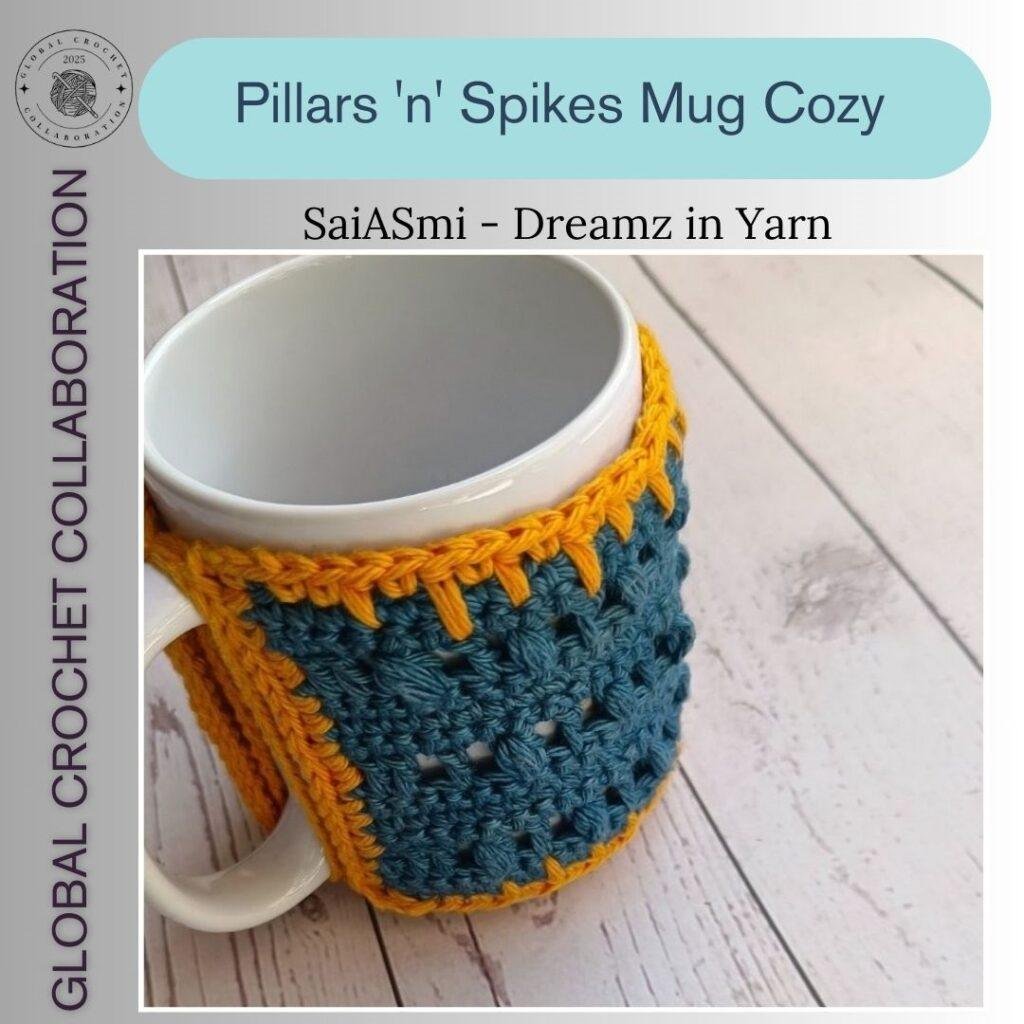 A blue and yellow crochet mug cozy around a mug