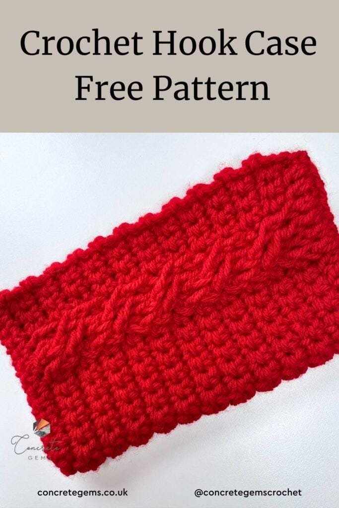 A red detailed crochet case, with the words Crochet Hook case free pattern