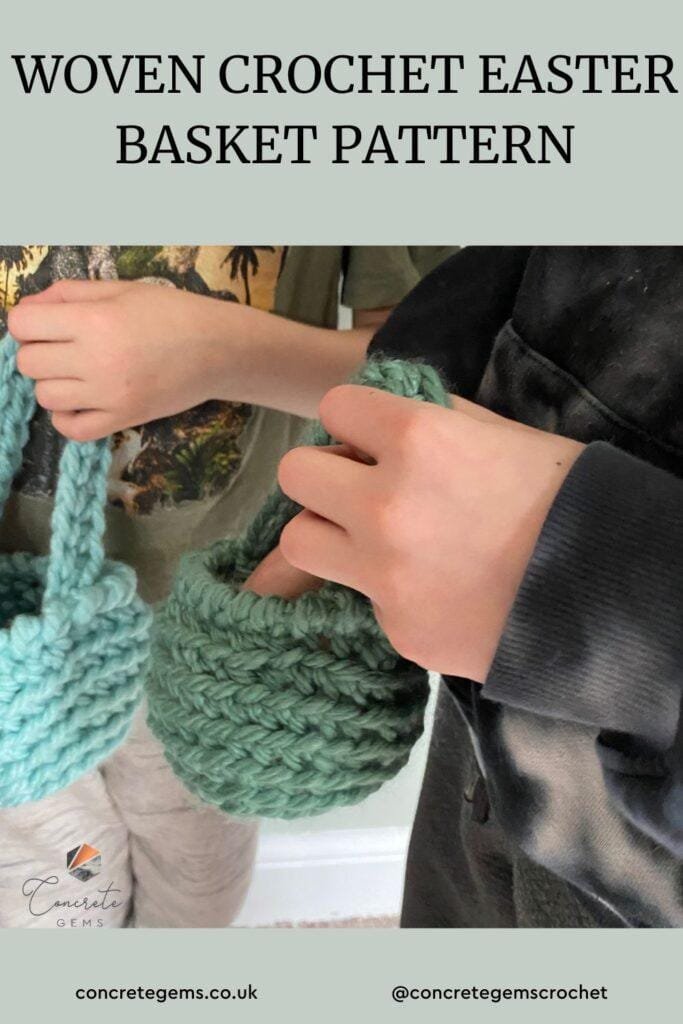 a child's hands can be seen being put into a crochet easter egg basket. Another is in the background
