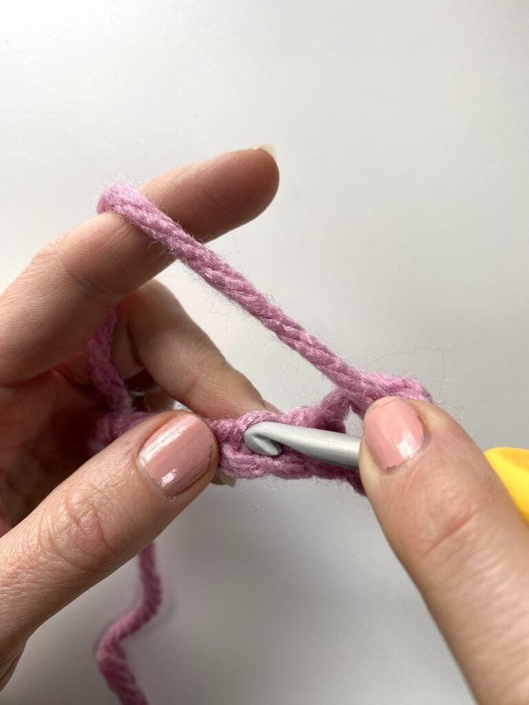 A crochet hook pointing where to make the next stitch