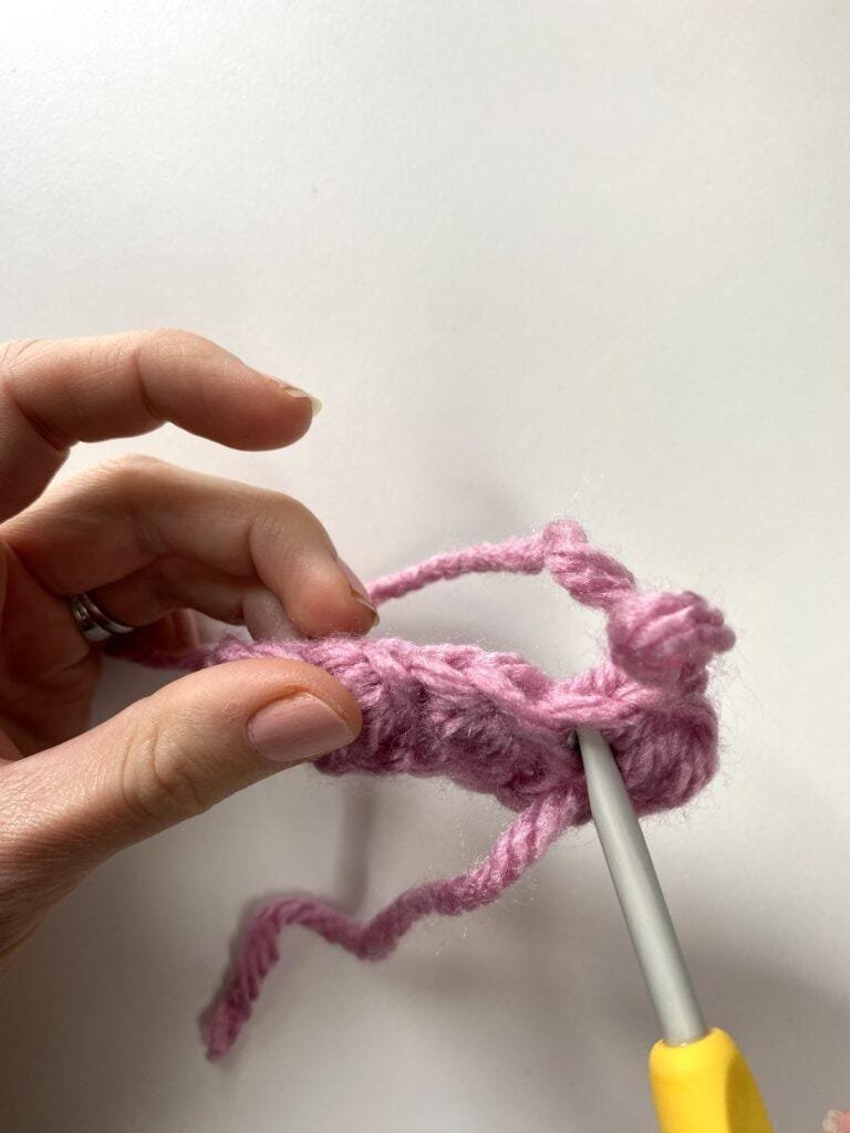 a crocheter indicating the stitch placement with a crochet hook