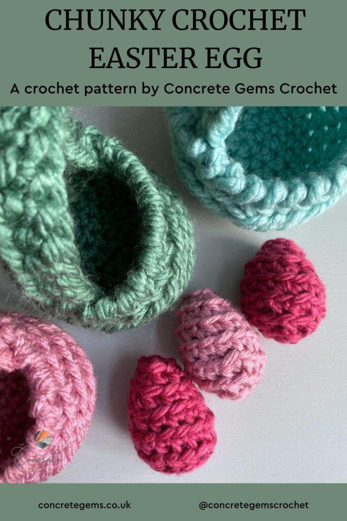 A pin image of 3 pink eggs and 3 crochet easter baskets with green background