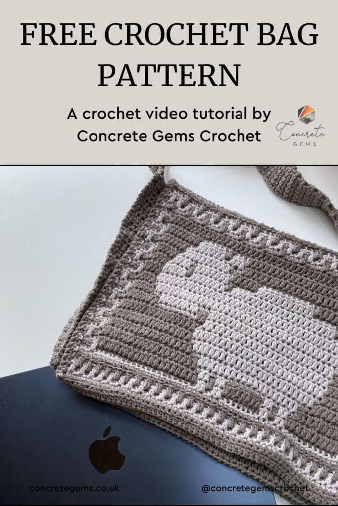 A crochet sheep bag is next to an apple Mac which fits inside it with Free Crochet Bag Pattern written above