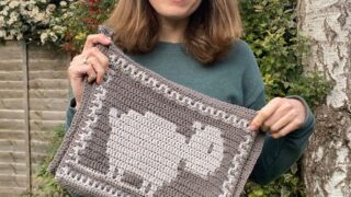 A person in a green jumper dress hold up a grey and white crochet bag with a sheep on the front