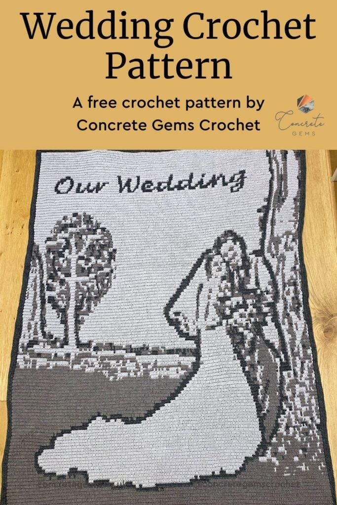 A wedding blanket crochet pattern is advertised in this pin, with the words wedding crochet pattern - a free crochet pattern by Concrete Gems Crochet