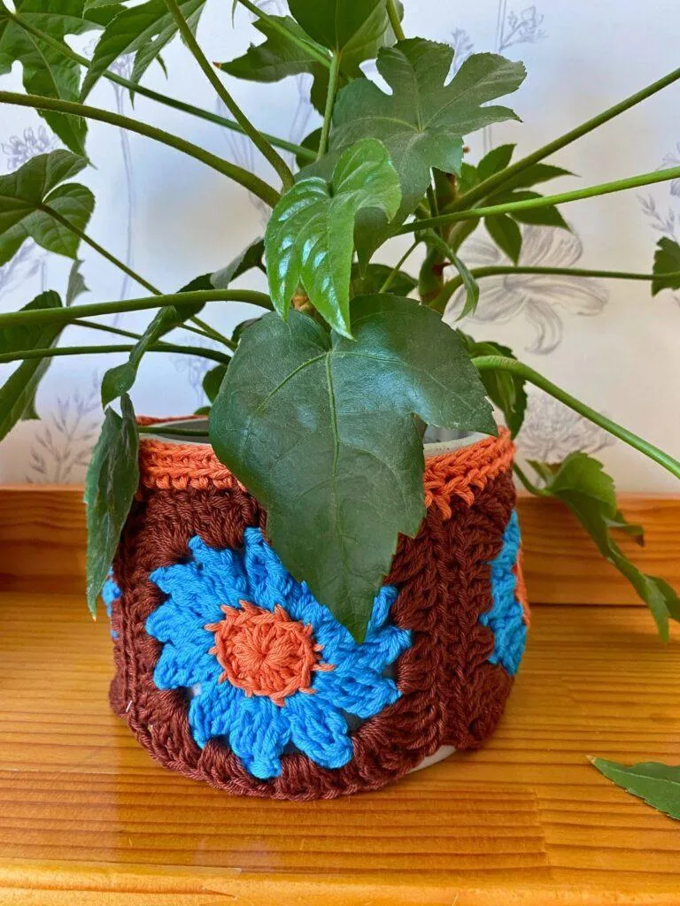 A green plant is in a pot covered with a brown, orange and blue crochet plant pot cozy.