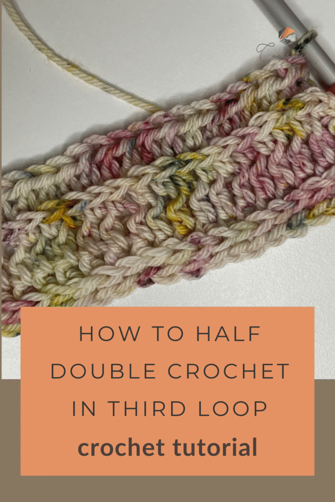 A multi-coloured crochet sample advertising a crochet tutorial: How to half double crochet in third loop